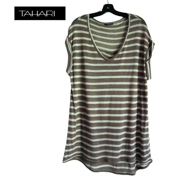 TAHARI NEW Preppy Striped Cuffed Short Sleeve Top XL - Picture 1 of 10
